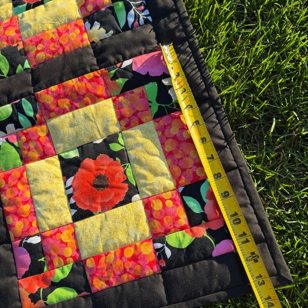 Handmade Quilted Table Runner Floral Poppy Log Cabin Patchwork Black Red 44x15